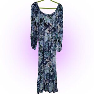 BLUE FLORAL RUCHED WOMEN'S LONG SLEEVE DRESS EUC 1X 16 18